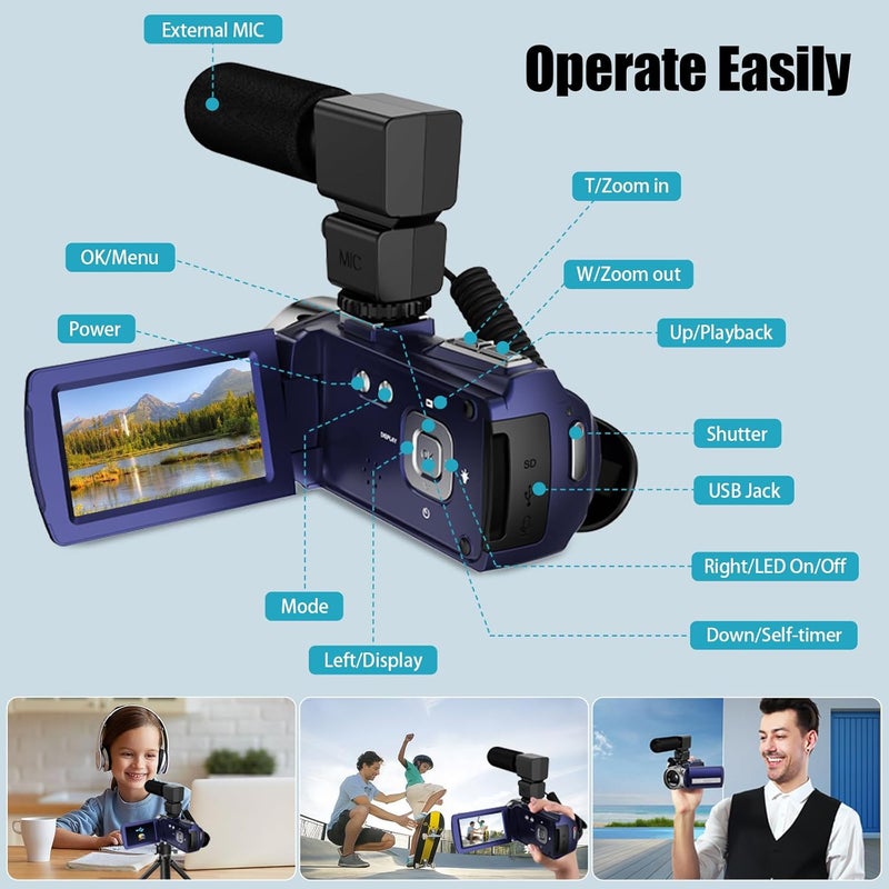 Rawiemy Video Camera Camcorder FHD 1080P 36MP YouTube Vlogging Camera Recorder 3.0 Inch 270 Degree Rotation Screen 18X Digital Zoom Camcorders with Microphone,32GB SD Card and 2 Batteries(Blue) - Image 3